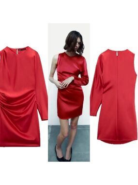 Zara red satin effect one sleeve asymetrical mini dress Sz S
